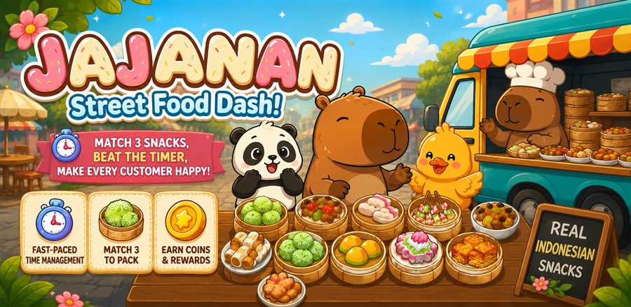Jajanan: Snack Sort Puzzle key art — a capybara, panda, and duck running an Indonesian street food cart stacked with steamer baskets of snacks