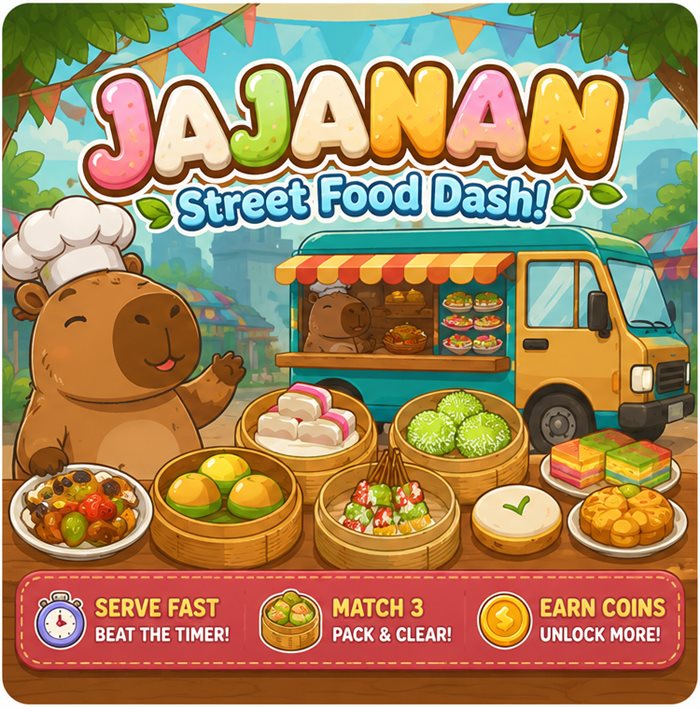 A chef capybara waves from a Jajanan street food cart, with a panda and duck friend nearby