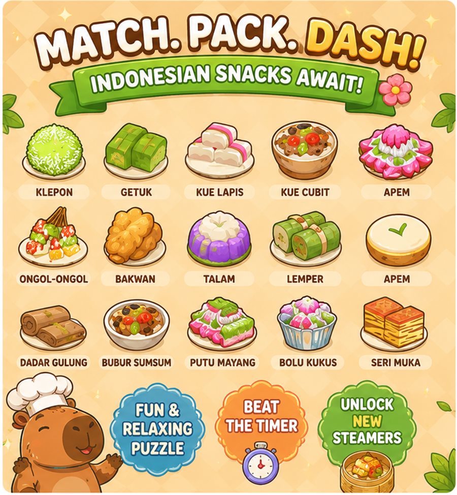 A grid of authentic Indonesian street snacks featured in Jajanan, including klepon, getuk, kue lapis, apem, lemper, and seri muka